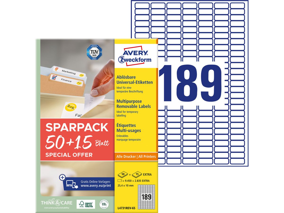 AVERY ZWECKFORM Etichette universale 254x10mm L4731REV-65 bianco 50+15 fogli (4004182347881)