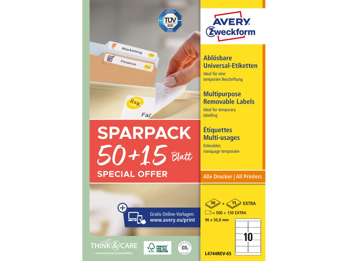 AVERY ZWECKFORM Etichette universale 96x508mm L4744REV-65 bianco 50+15 fogli (4004182347898)