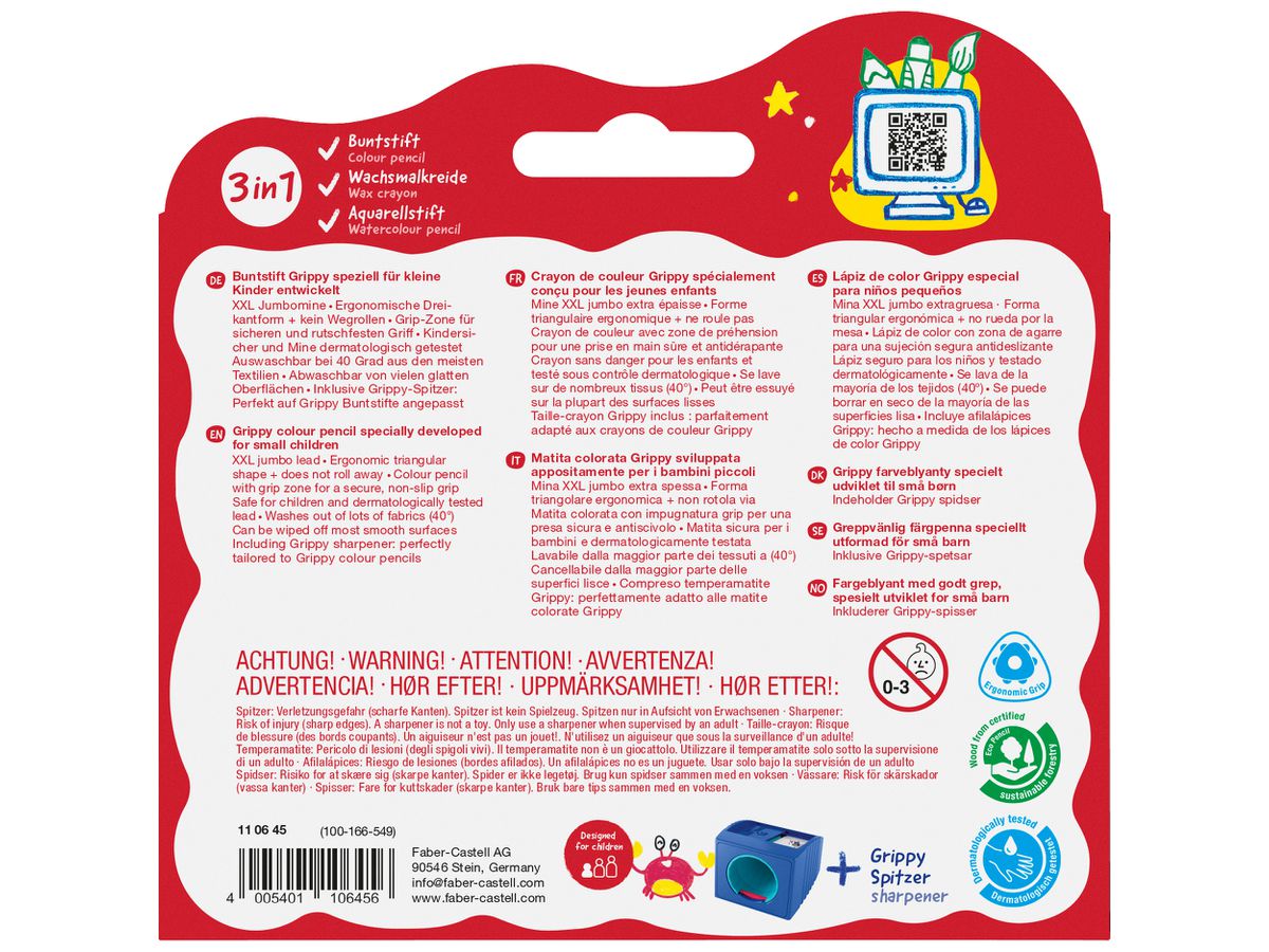 FABER-CASTELL Matita colorata Grippy 110645 incl. Temperino 16 pezzi (4005401106456)