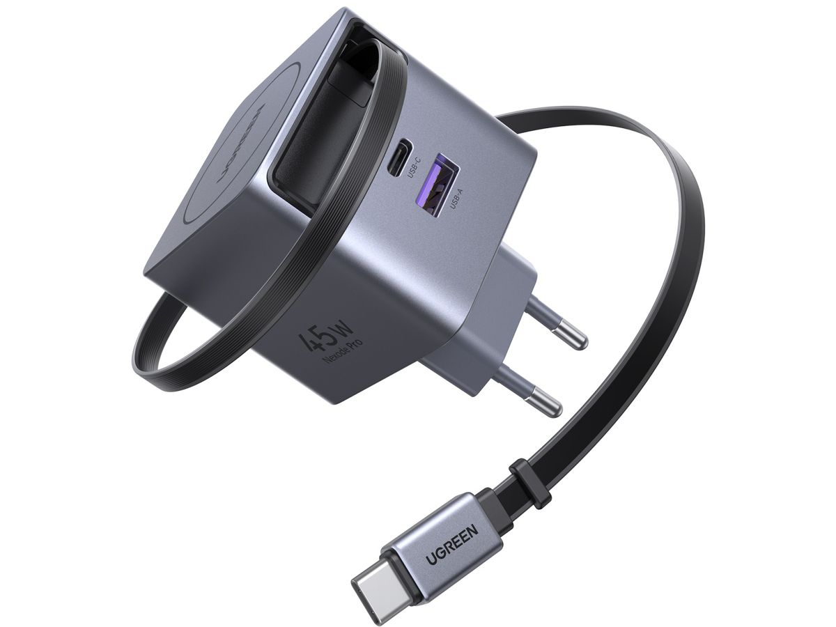 UGREEN Fast Charger 2-Port 45W GaN 65822 Retractable Cable (6941876268221)