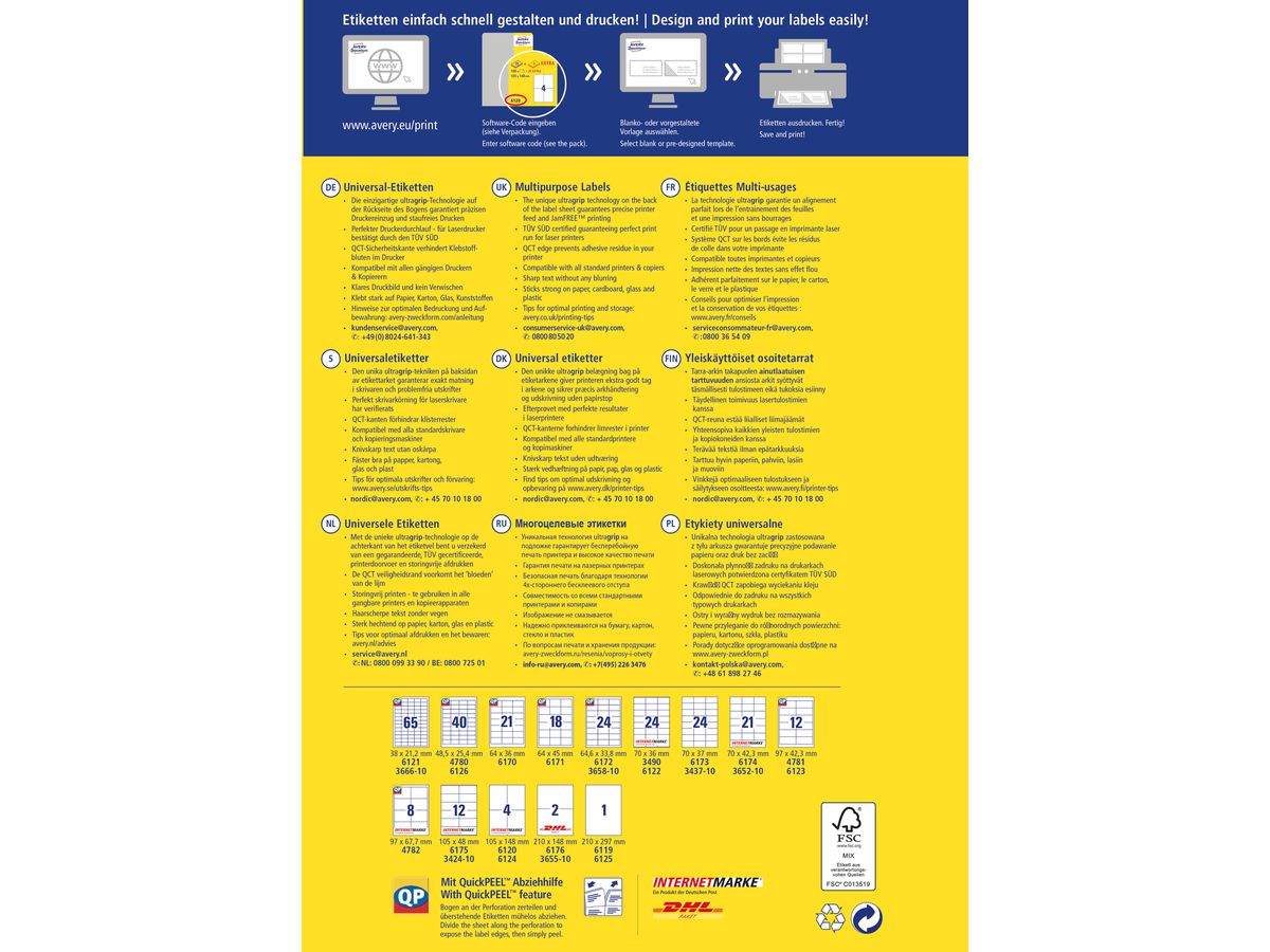 AVERY ZWECKFORM Étiquettes univers. 210x148mm 6176 blanc 60 pcs./25 + 5 flls. (4004182433386)