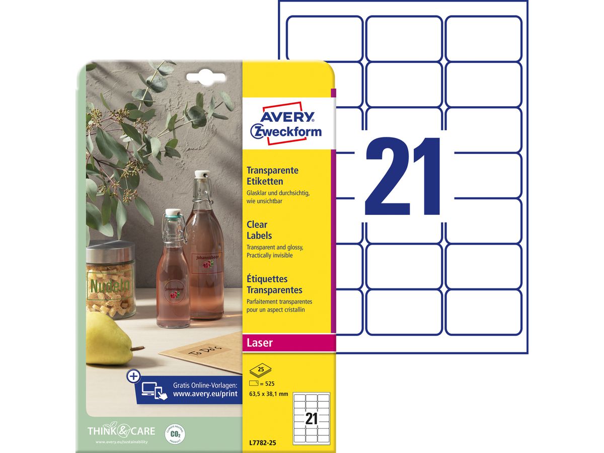 AVERY ZWECKFORM Etiketten 63,5x38,1mm L7782-25 transparent 525 Stück (4004182252543)