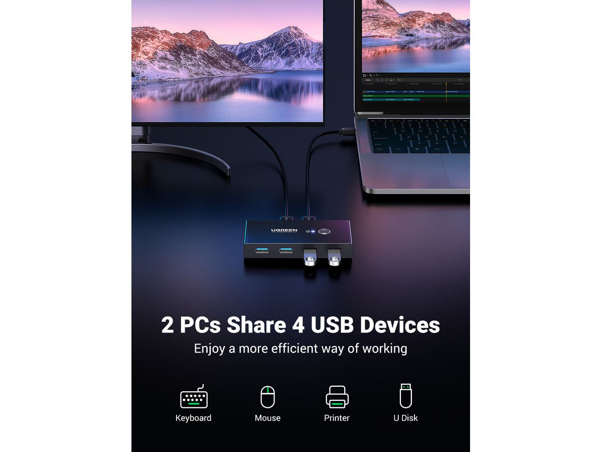 UGREEN 2x4 Sharing Switch Box 30768 USB 3.0 for 2 PCs,Black (6957303837687)