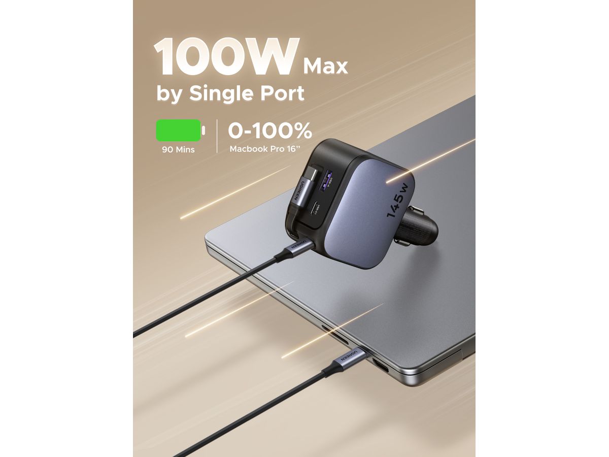 UGREEN Fast Car Charger 2-Port 145W 55910B Retractable Cable (6941876271405)