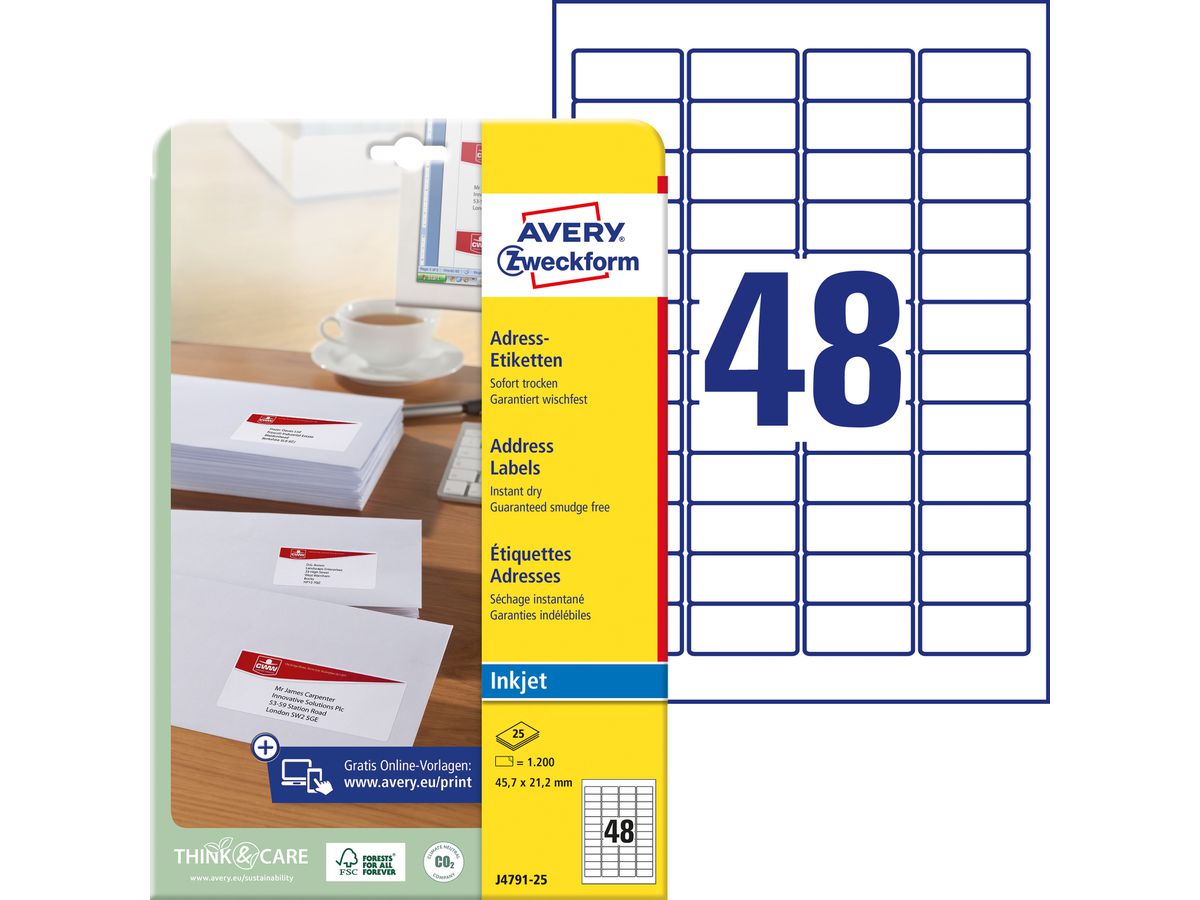 AVERY ZWECKFORM Adressetiketten 45,7x21,2mm J4791-25 InkJet, weiss 1200 Stk./25 Bl. (4004182047910)