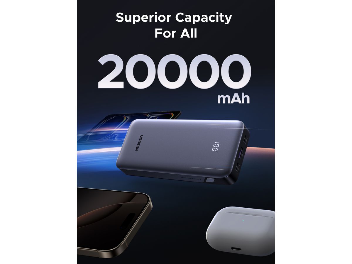 UGREEN Power Bank 20000mAh 30W 55989B Two-way Fast Charging, Grey (6941876268733)