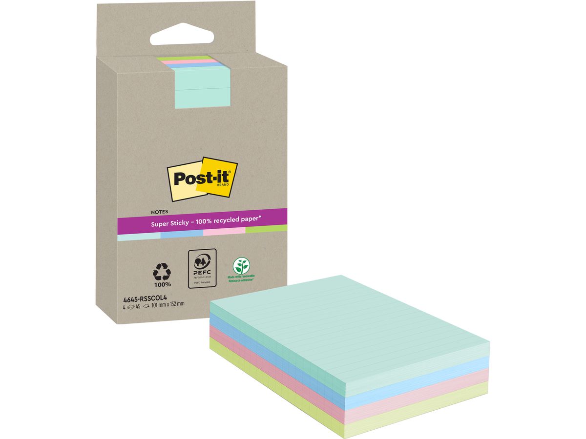 POST-IT SuperSticky Notes 102x152mm 4645-RSSCOL4 assortis 4x45 flls. (4064035142889)