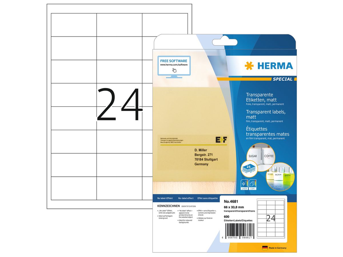 HERMA Etiquettes Special 66×33,8mm 4681 transparent 600 pcs. (4008705046817)