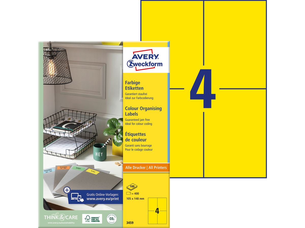 AVERY ZWECKFORM Etiketten 105x148mm 3459 Universal, gelb 100Bl./400St. (4004182034590)