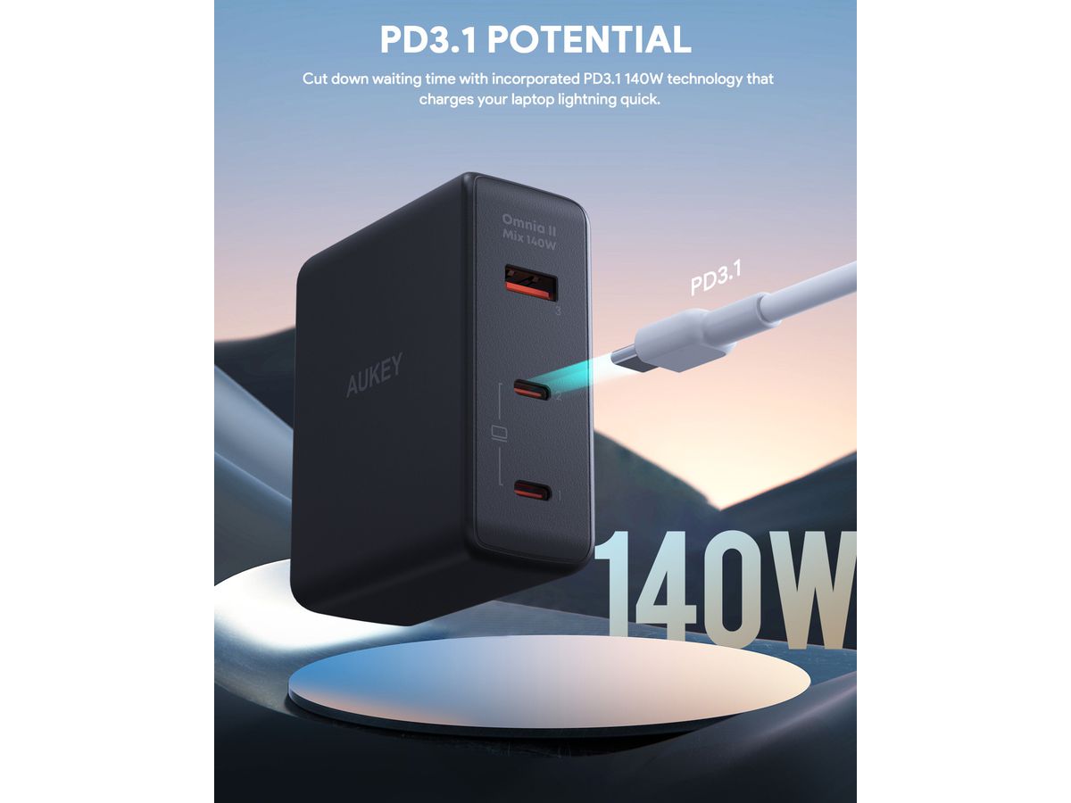 AUKEY OmniaMix II 140W GaN PD PA-B7O BK 3-Port, Wall Charger Black (0689323785780)