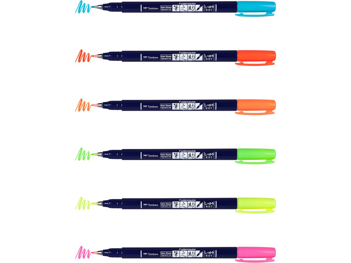 TOMBOW Stylo de calligraphie set WS-BH-6P Fudenosuke, 6 couleurs neon (4003198111028)