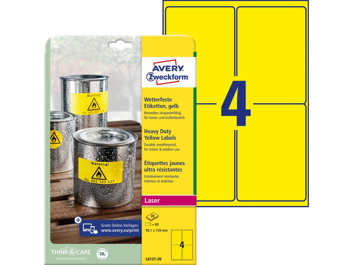 AVERY ZWECKFORM Typenschild Labels 99,1x139mm L612720 gelb 80 Stück/20 Blatt (4004182048368)