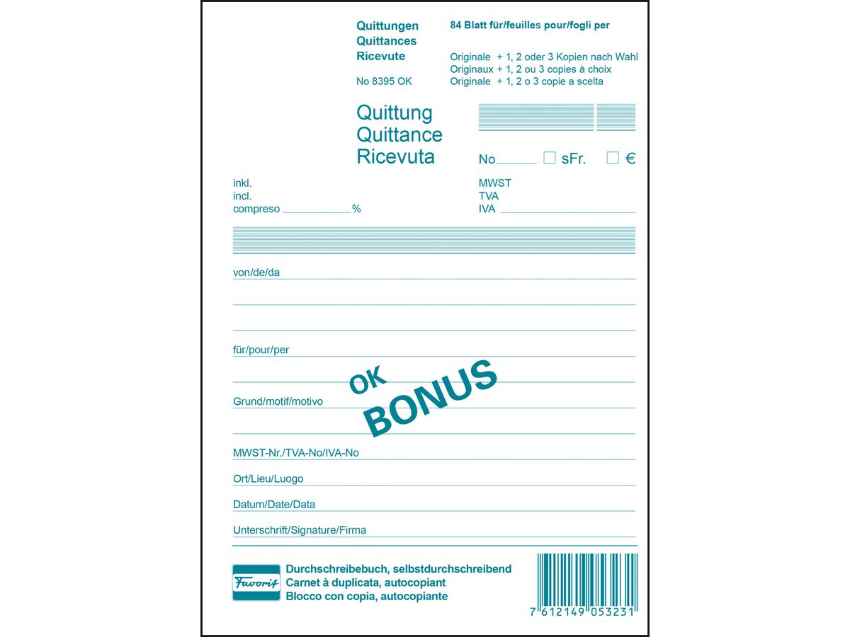 FAVORIT Quittance D/F/I A5 8395OK blanc 84 feuilles (7612149053231)