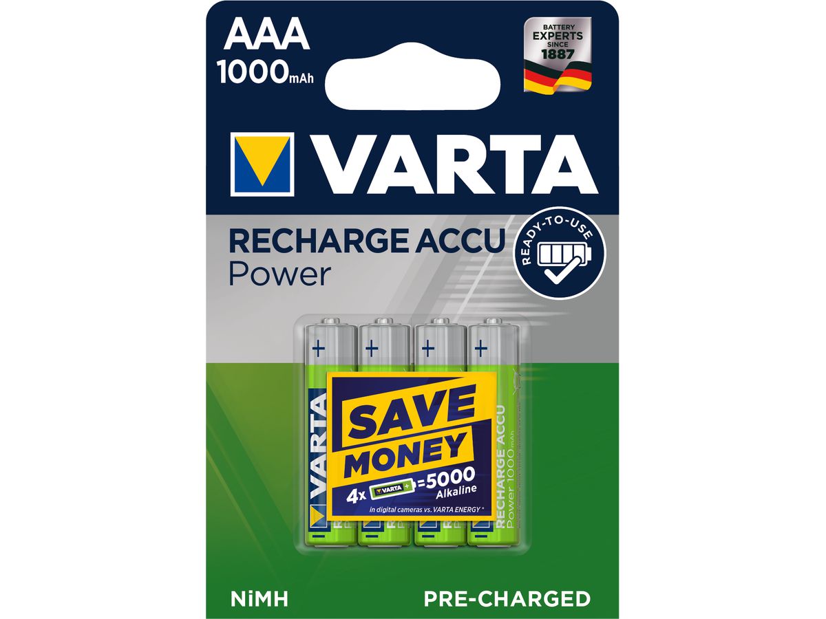 VARTA Batterie Akku 5703301404 R2U, AAA/HR03, 1000 mAh, 4 S. (4008496594375)