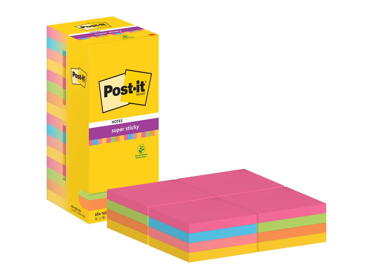POST-IT Super Sticky Tower 76x76mm 654-16SS-COL farbig 16x90 Blatt (4054596855823)