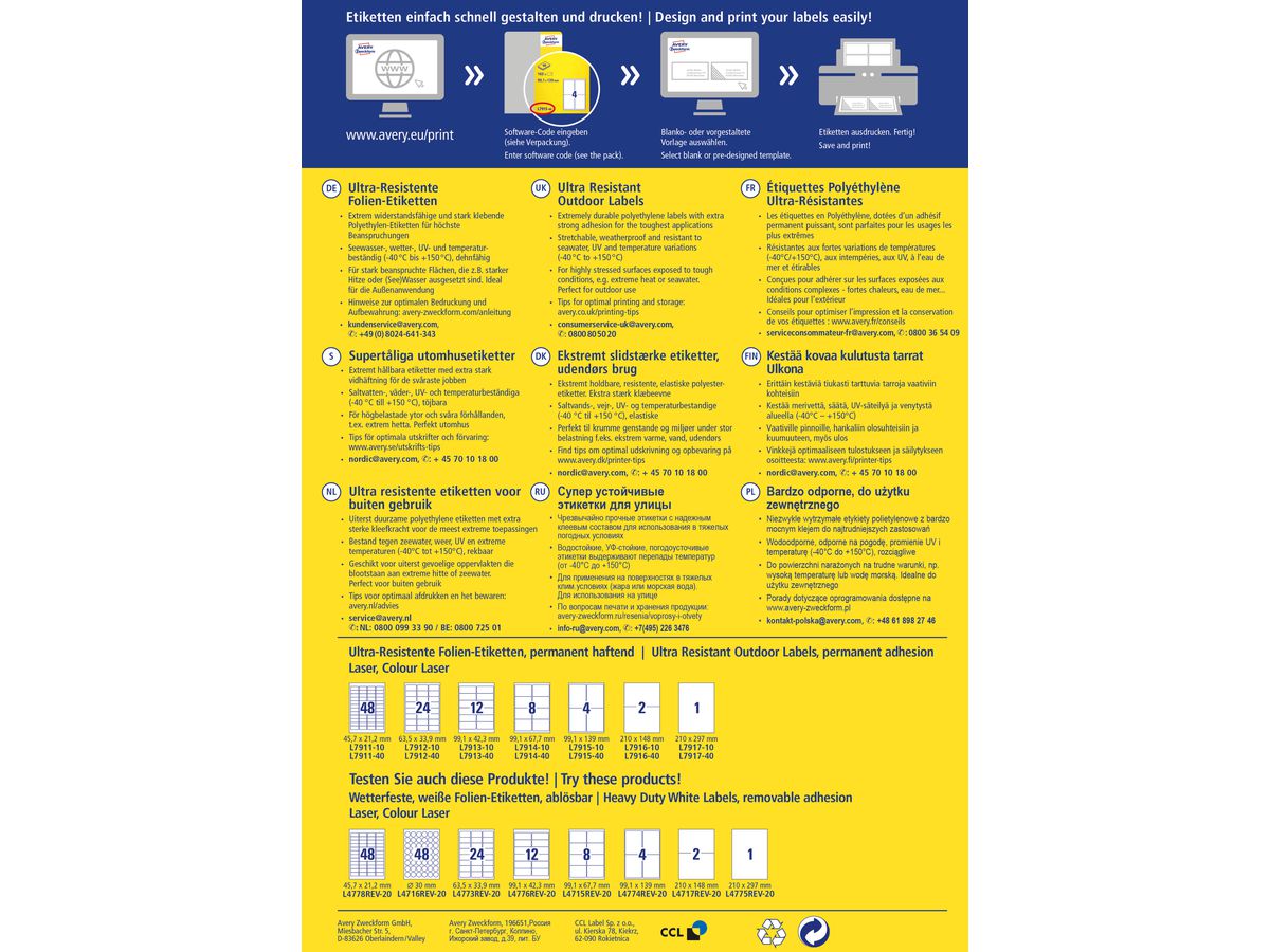 AVERY ZWECKFORM Etiketten 99.1x42.3mm L7913-40 weiss,ultra-resistent 40 Blatt (4004182050002)