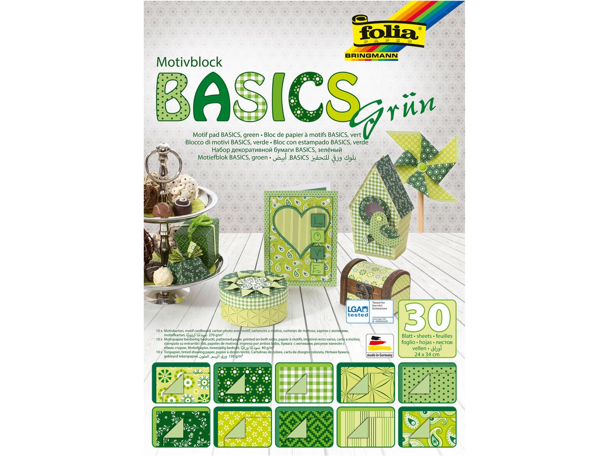 FOLIA Bloc de papier Basic 46549 àmotifs, vert, 30 pcs. (4001868040043)