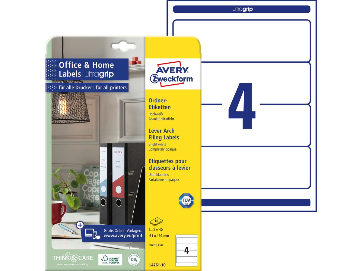 AVERY ZWECKFORM Etiquettes dorsale 61x192mm L4761-100 blanc 400 pcs./100 flls. (4004182036884)