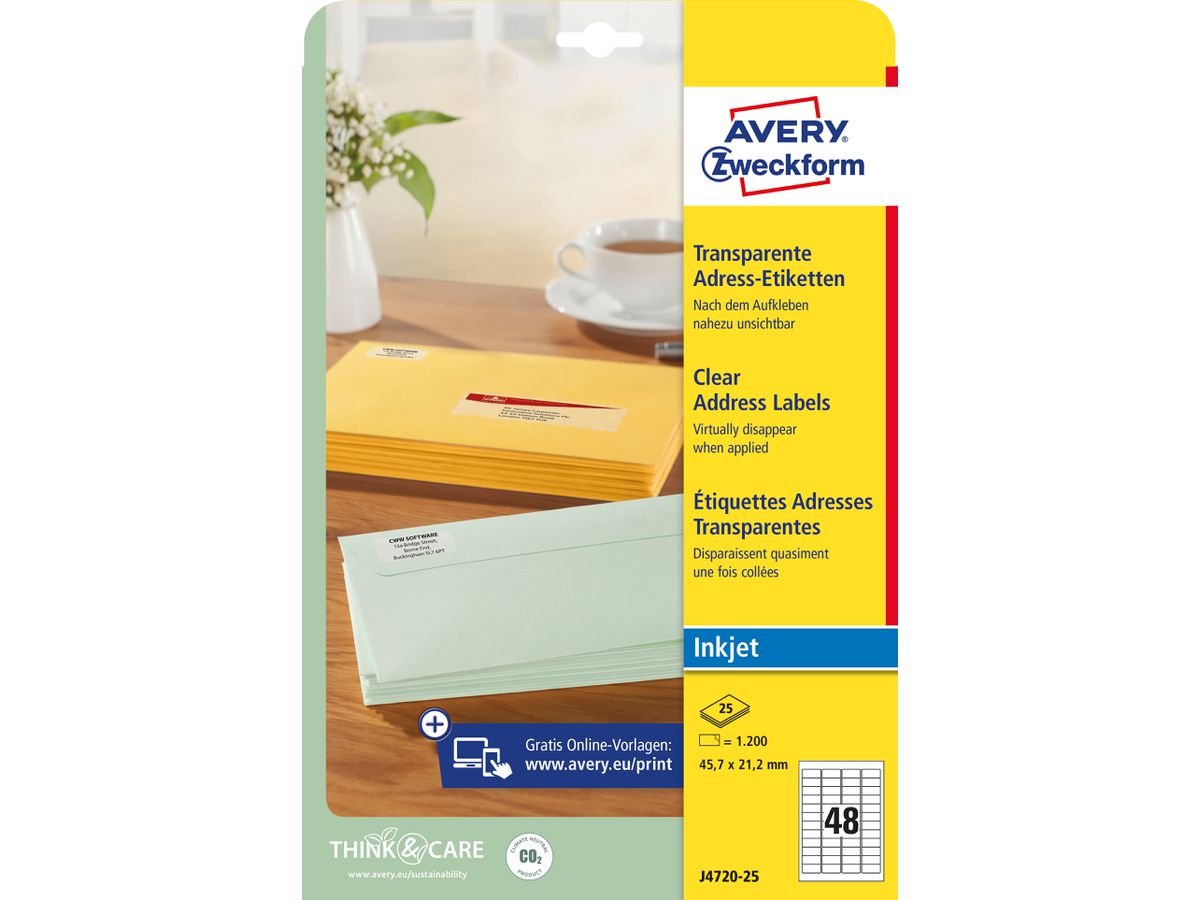 AVERY ZWECKFORM Etichette 45,7x21,2mm J4720-25 trasparente 1200 pezzi (4004182047200)
