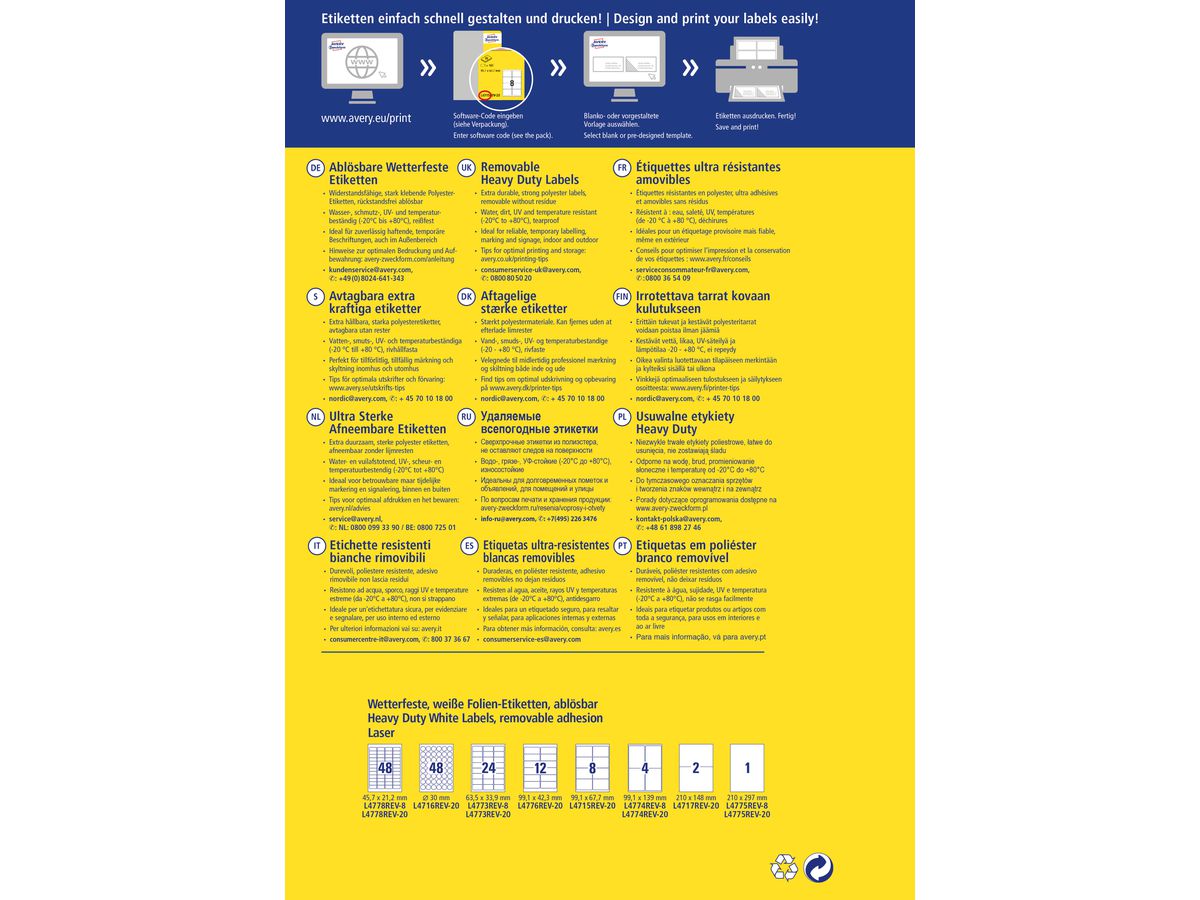 AVERY ZWECKFORM Etichette laser 210x297 L4775REV8 white, weather pr. Remov. 8 f. (4004182076071)
