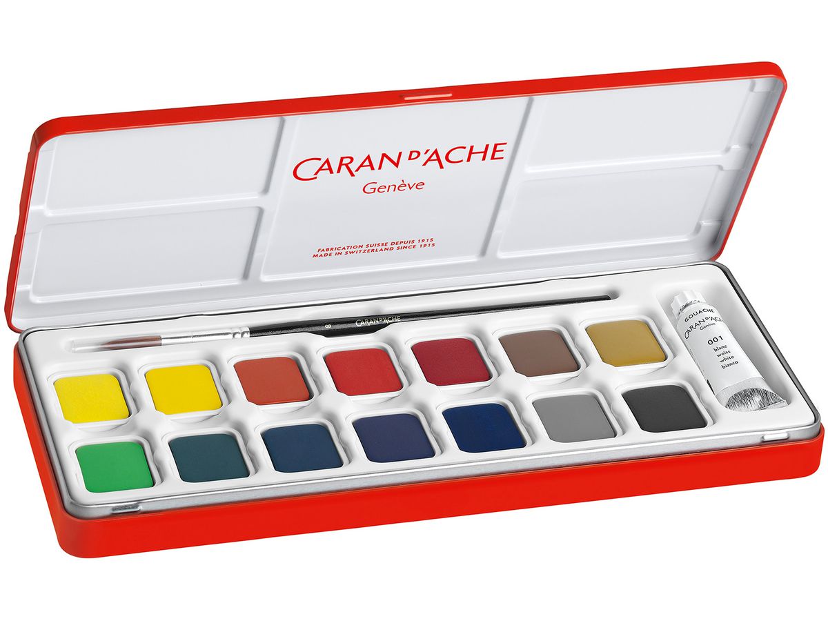 CARAN D'ACHE Gouache Studio aquarelle 1000.315 14 couleurs, 1xblanc + pinceau (7610186143151)