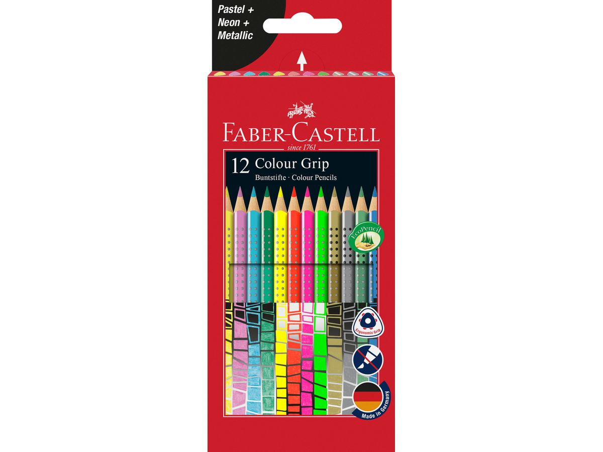FABER-CASTELL Colour Grip 12er-Kartonetui 201569 4xPastell,4xNeon,4xMetallic (4005402015696)