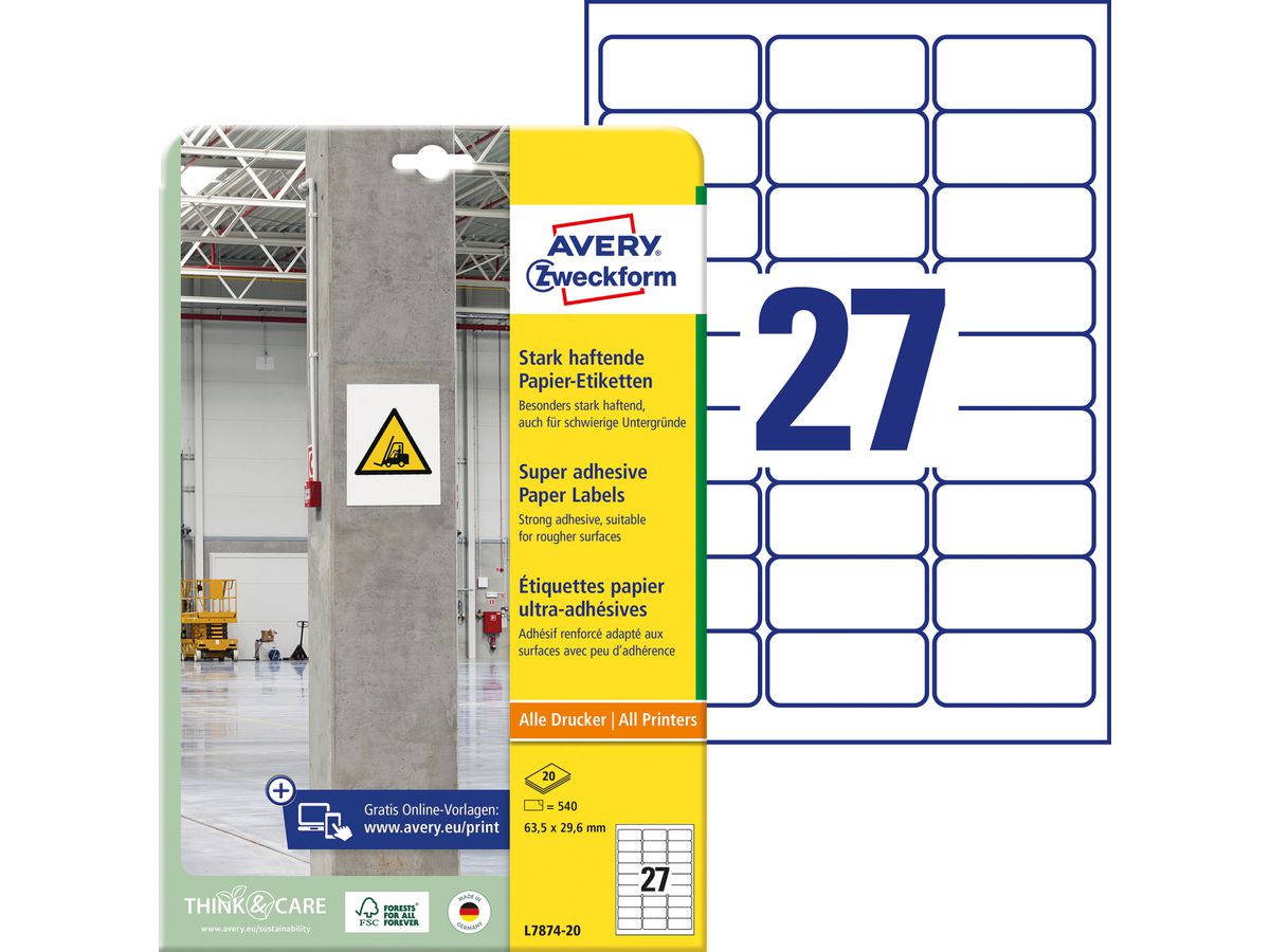 AVERY ZWECKFORM Etiketten Univ. 63.5x29.6mm L7874-20 weiss, stark haftend 20 Blatt (4004182070062)