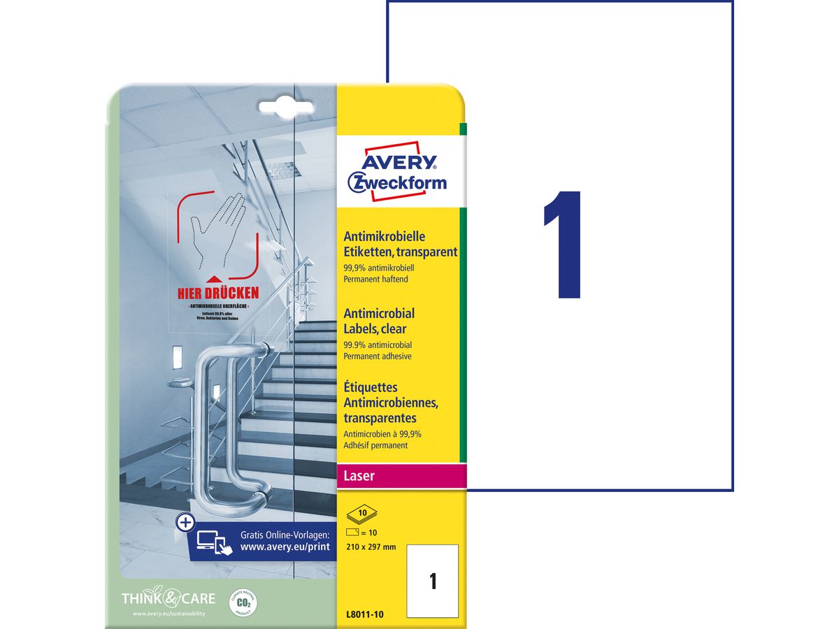 AVERY ZWECKFORM Etiketten L8011-10 Antimic. 210x297mm transp. (4004182380116)