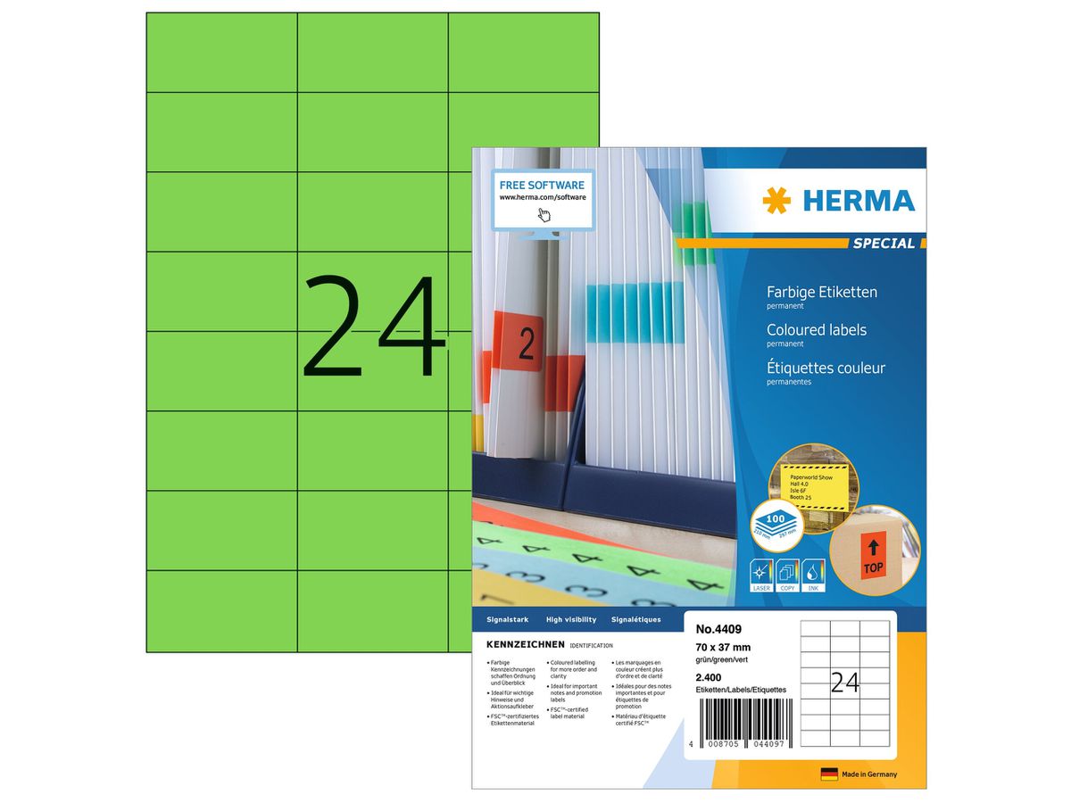 HERMA Etichette SPECIAL 70x37mm 4409 verde,perm. 2400 pz./100 fogli (4008705044097)