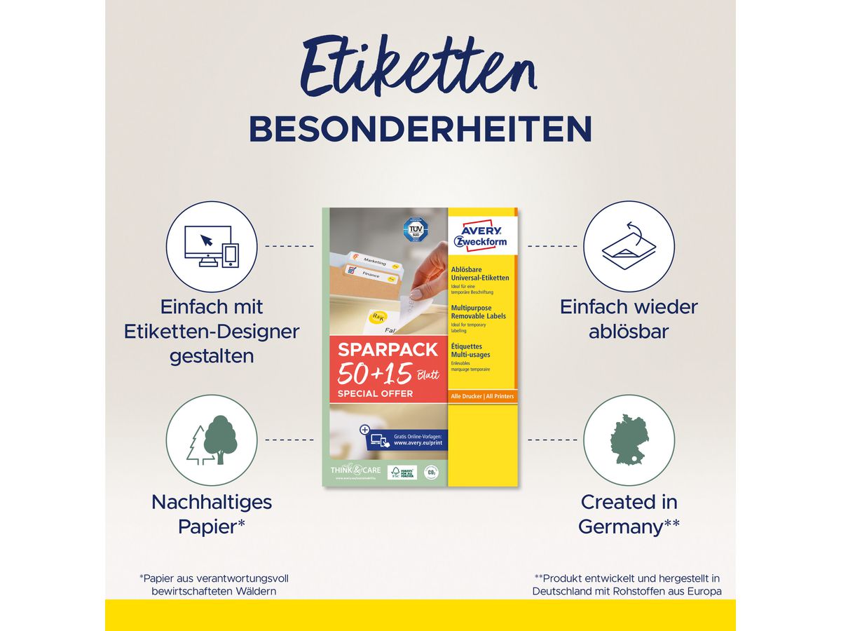 AVERY ZWECKFORM Universal-Etiketten 457x212mm L4736REV-65 weiss 50+15 Blatt (4004182347867)