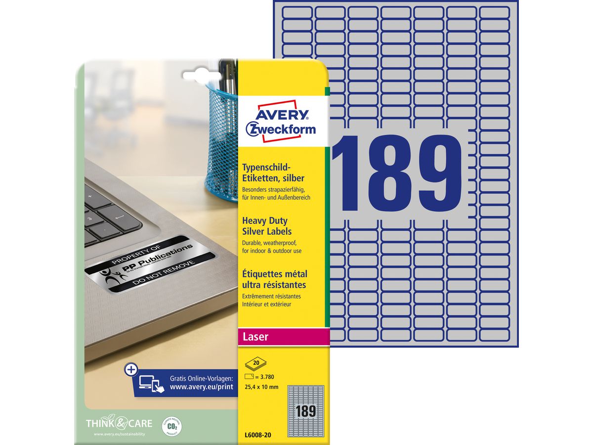 AVERY ZWECKFORM Etichette 25,4x10mm L6008-20 argento, Laser 3780 pz./20 fl. (4004182060087)