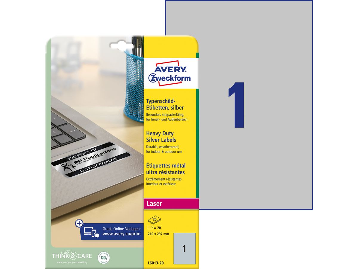 AVERY ZWECKFORM Typenschild-Labels 210x297mm L6013-20 silber,Laser 20 St./20 Blatt (4004182060131)