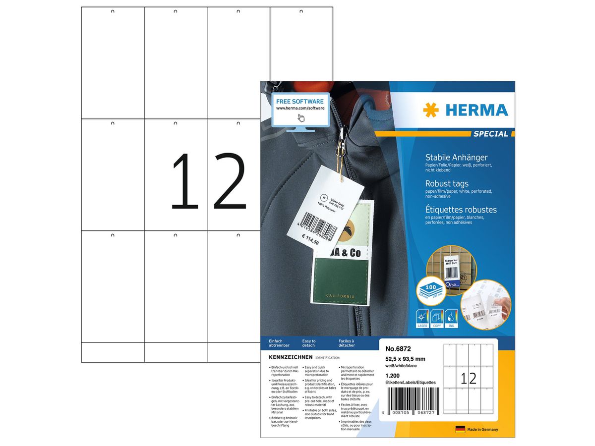 HERMA Anhänge-Etiketten 52,5x93,5mm 6872 weiss 1200 Stück (4008705068727)