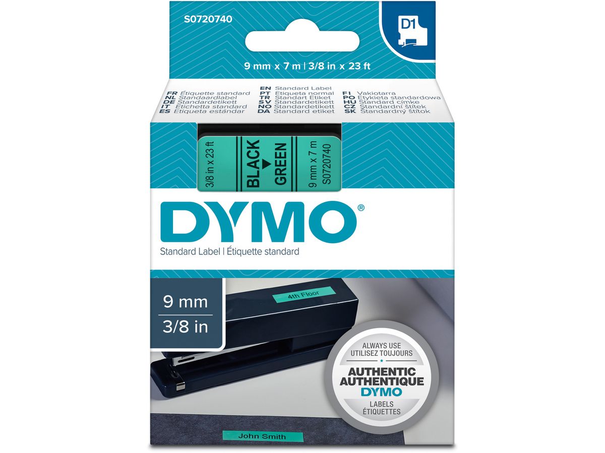 DYMO Schriftband D1 schwarz/grün S0720740 9mm/7m (5411313409193)