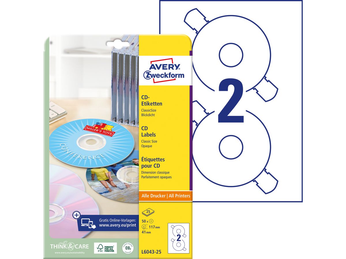 AVERY ZWECKFORM CD-Etiketten Classic weiss L6043-25 117mm 50 Stk. (4004182060438)