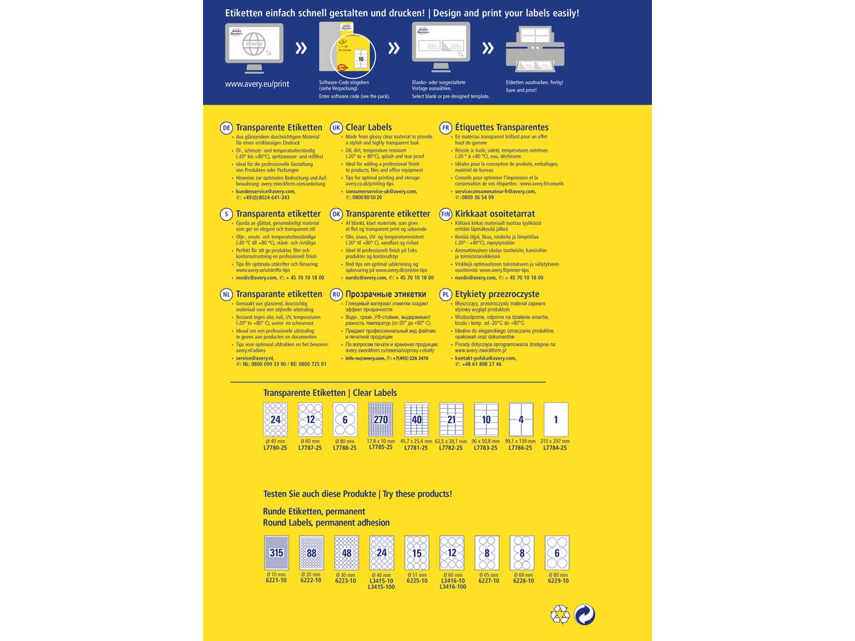 AVERY ZWECKFORM Etichette 96x50,8mm L7783-25 chiaro 250 pezzi (4004182252550)