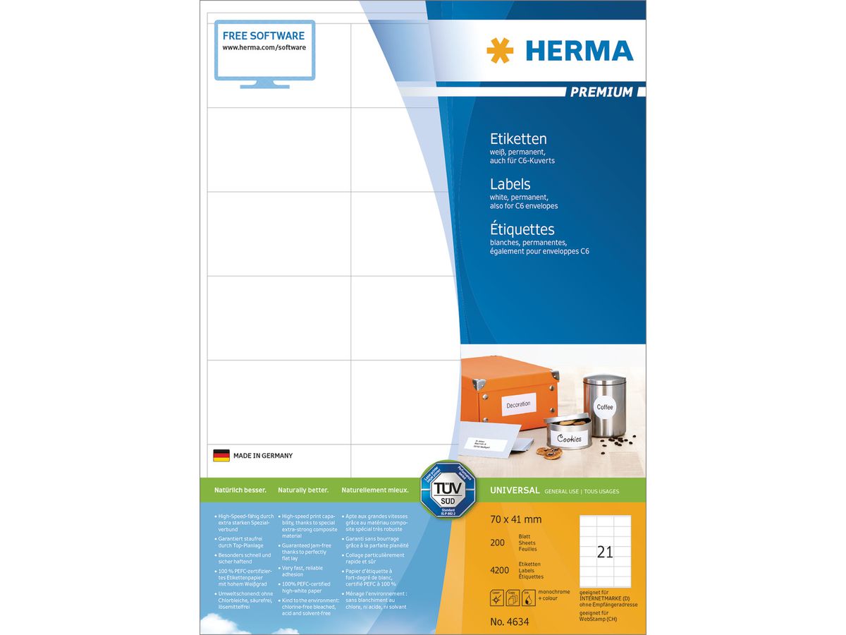 HERMA Etiquettes Premium 70x41mm 4634 blanc 4200 pcs. (4008705046343)