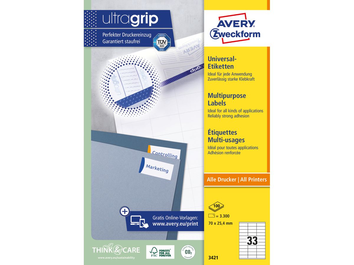 AVERY ZWECKFORM Etichette universali 70x25,4mm 3421 bianco 3300 pz./100 fogli (4004182034217)