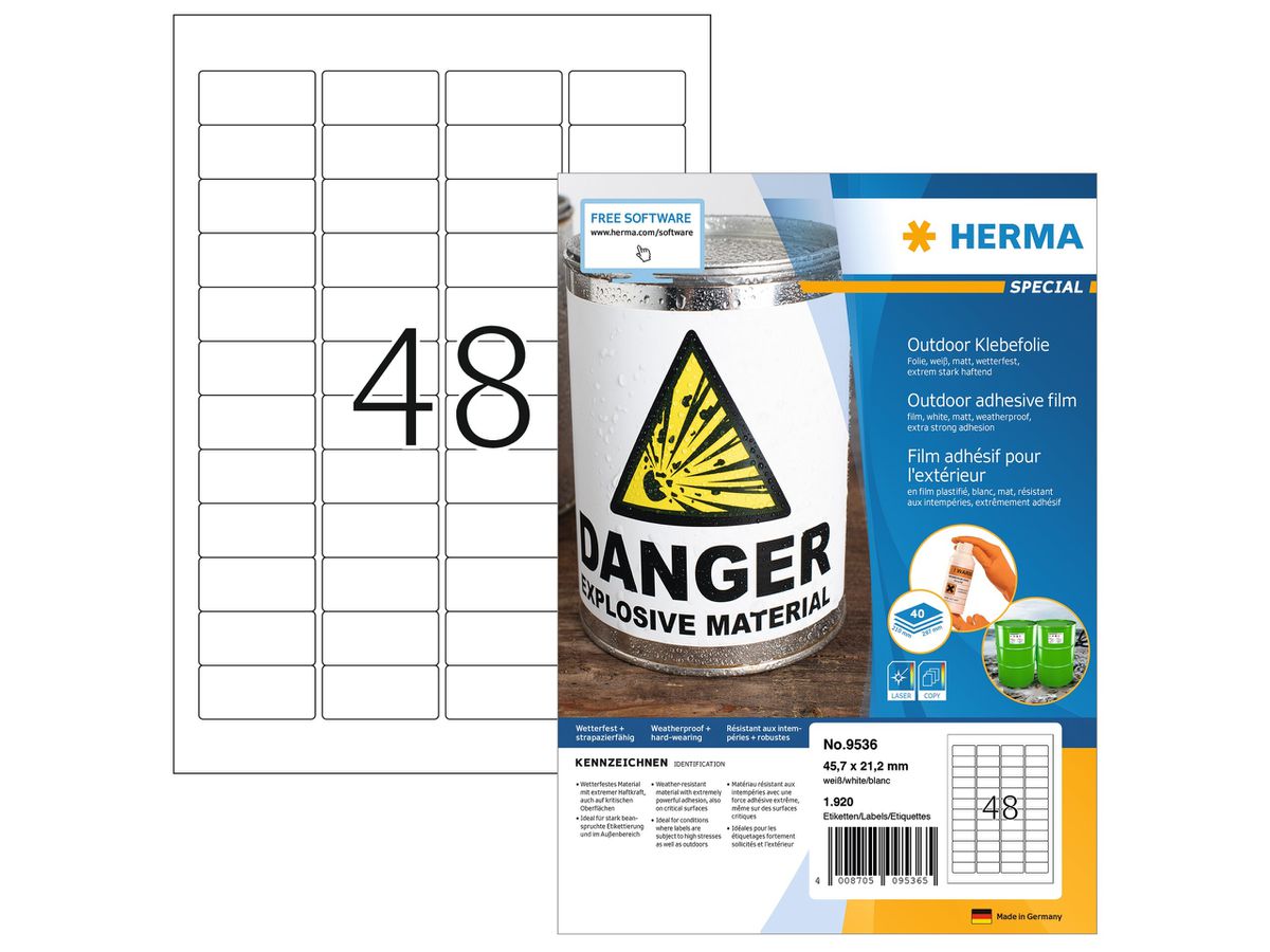 HERMA Folienetiketten 45,7x21,2mm 9536 weiss,PP matt 1920 Stk./40 Bl. (4008705095365)