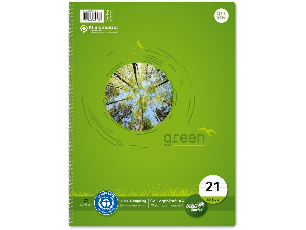 URSUS Collegeblock green A4 608570010 rigato, 70g, 80 fogli (9002244851975)