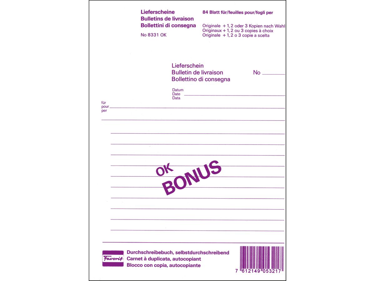 FAVORIT Bolla di consegna D/FI A5 8331OK bianco 84 fogli (7612149053217)