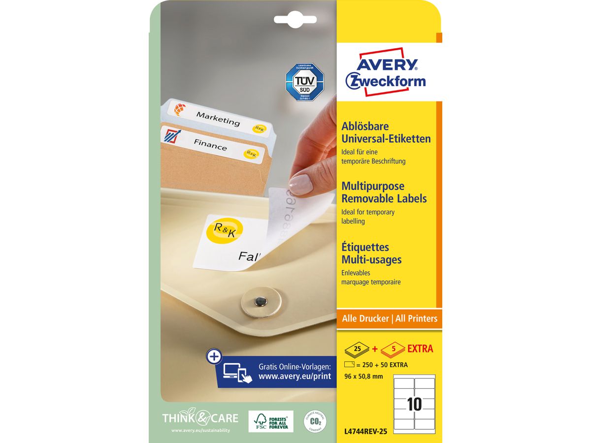 AVERY ZWECKFORM Universal-Etikett. 96x50,8mm L4744REV-25 weiss 300 Stk./25 + 5 Blatt (4004182047446)