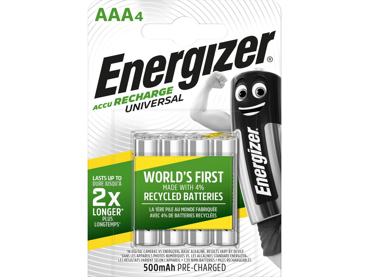 ENERGIZER Pile Chargeur E301375702 AAA/HR03, 500mAh, 4 pièces (7638900424256)