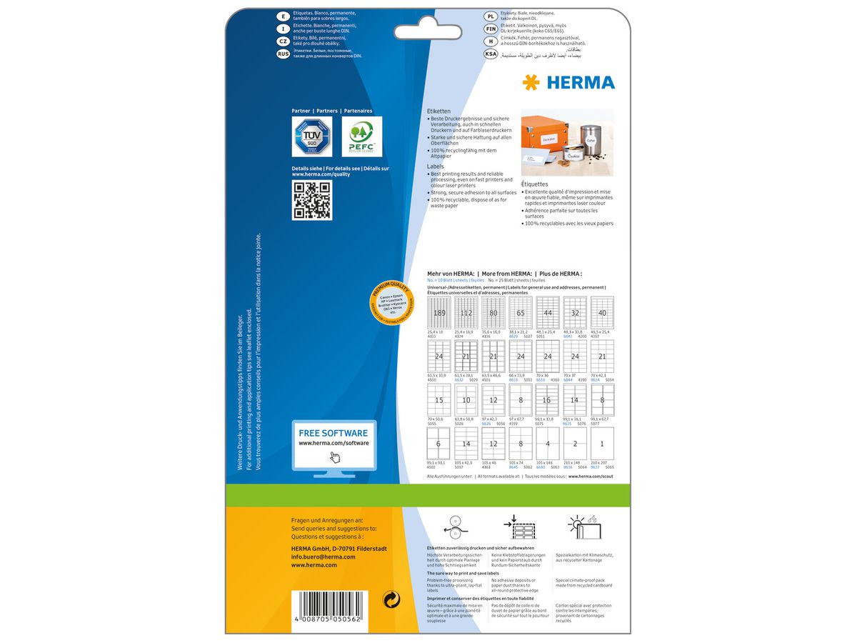 HERMA Etichette PREMIUM 97x42.3mm 5056 bianco,perm. 300 pz./25 fogli (4008705050562)