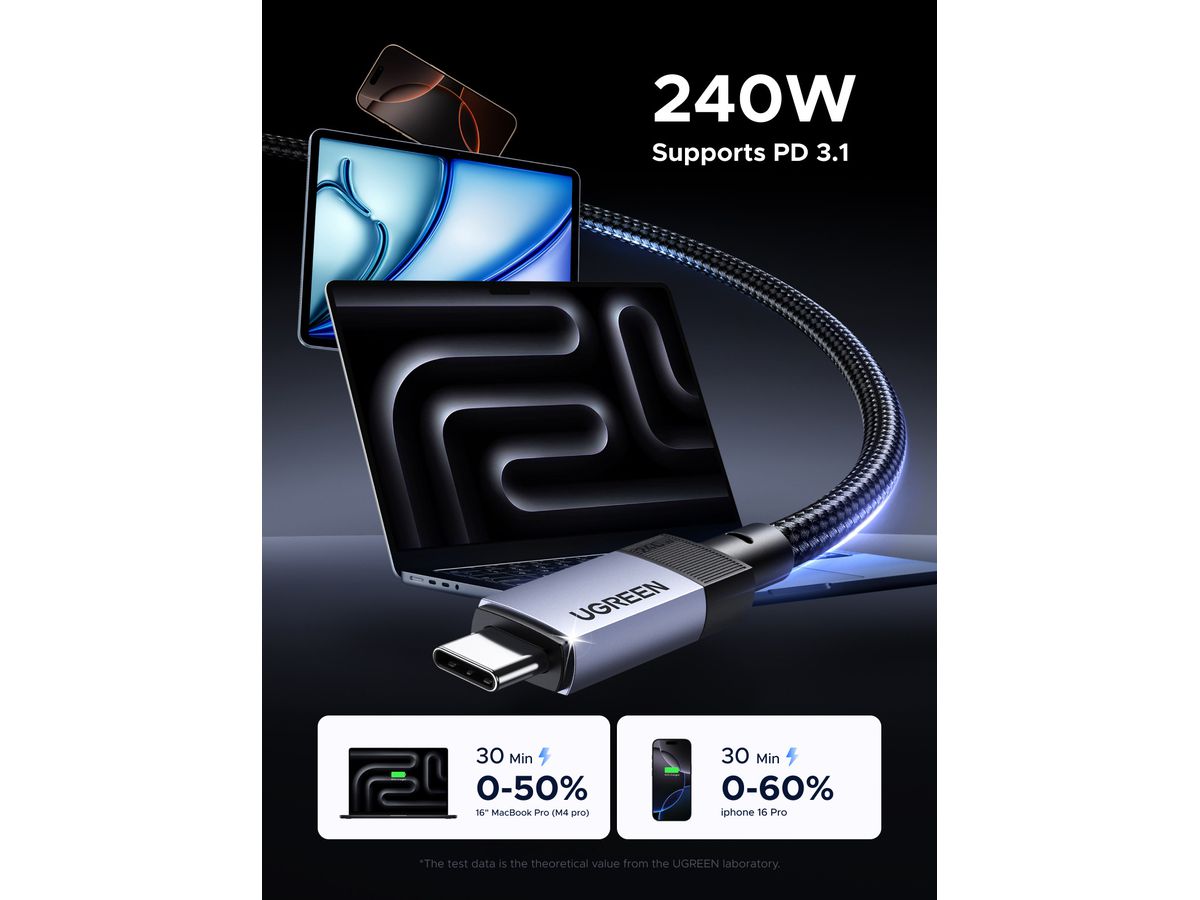 UGREEN Cable USB-C-C 5A,Max,4.0 Gen3 65175 240W,PD 3.1,40Gbps,1m (6941876261758)