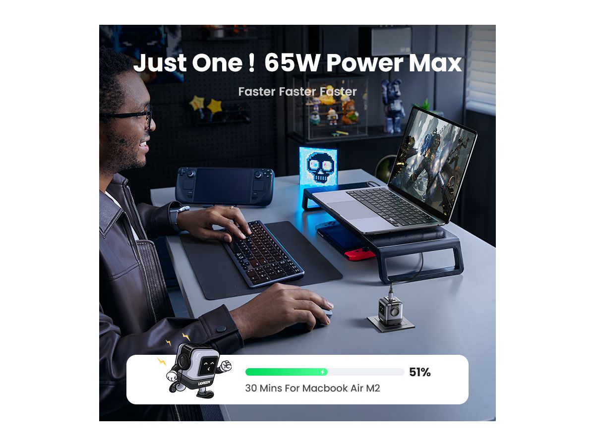 UGREEN Nexode RG 65W 3-Port GaN 25685B 2x USB-C,1xUSB-A, Black (6941876236688)