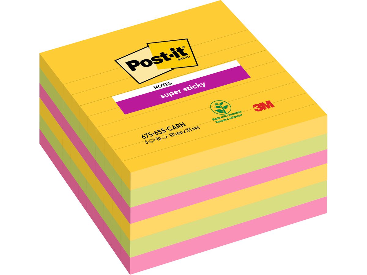POST-IT XL-Notes Carnival 101x101mm 6756SSCAR 3 colori 6x90 fogli (0051141998855)
