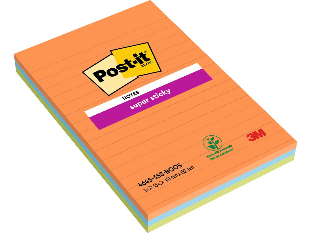 POST-IT Bloc Super Sticky 101x152mm 4645-3SS-BOOS 3 couleurs lin. 3x45 f. (0051141906133)