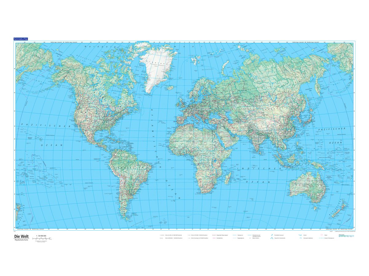 KÜMMERLY+FREY Plano-Weltkarte 87.5x51cm 325994083 physique 1:50 Mio. (9783259940839)