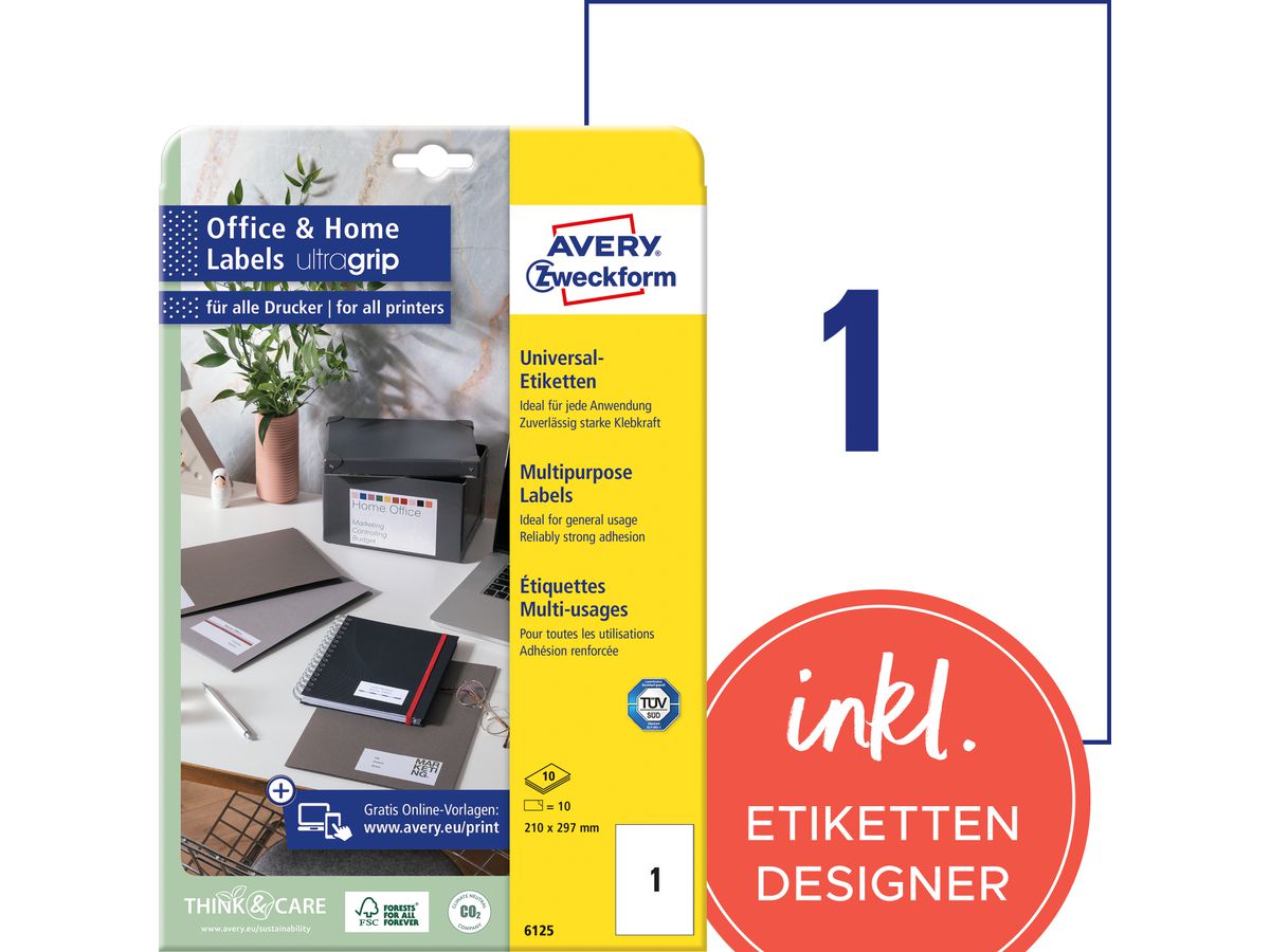 AVERY ZWECKFORM Etiquettes 210x297mm 6125 blanc 10 pcs./10 flls. (4004182061251)